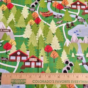 Cotton Fabric Green North Woods Cabins Trails Forest Campsite 24x44 Quilting